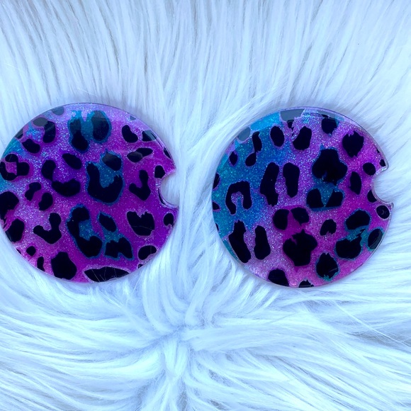Car cup holder coasters set leopard purple cheetah blue sparkle Lisa frank theme - Picture 1 of 2